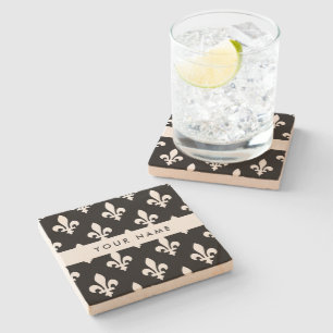 Dessous-de-verre En Pierre Fleur de Lis, Blanc sur Noir, Blanc, Votre Nom