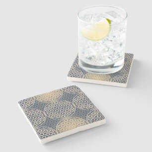 Dessous-de-verre En Pierre Fleur de vie - motif de timbre - sable bleu