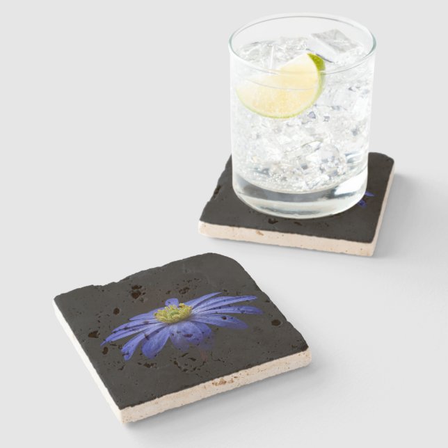 Dessous-de-verre En Pierre Fleur Gerbera Blue Daisy sur un arrière - plan noi (Côté)