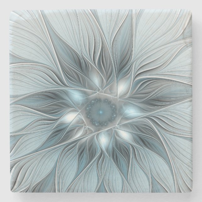 Dessous-de-verre En Pierre Fleur Joyeuse Abstrait gris bleu floral Fractal (Devant)