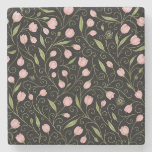 Dessous-de-verre En Pierre Fleur mignonne, rose sur noir avec motif répétitif
