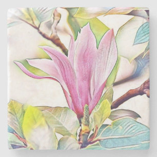 Dessous-de-verre En Pierre Fleur rose magnolia aquarelle bleu arrière - plan