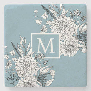 Dessous-de-verre En Pierre Fleur sauvage floral Monogramme botanique bleu bla