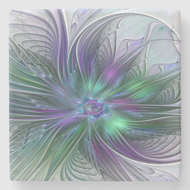Dessous-de-verre En Pierre Fleur vert violet Art Abstrait moderne Fractal (Devant)