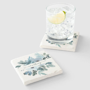 Dessous-de-verre En Pierre Fleurs aquarelles personnalisées bleu sarcelle et