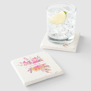 Dessous-de-verre En Pierre Fleurs aquarelles rose vif personnalisées  