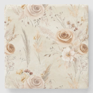 Dessous-de-verre En Pierre Fleurs Bohèmes Crème Rustiques