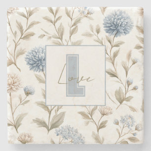 Dessous-de-verre En Pierre Fleurs Brunes Bleues Crème Monogramme Initial Amou