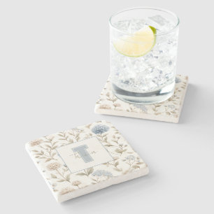 Dessous-de-verre En Pierre Fleurs Brunes Bleues Crème Monogramme Initial Nom
