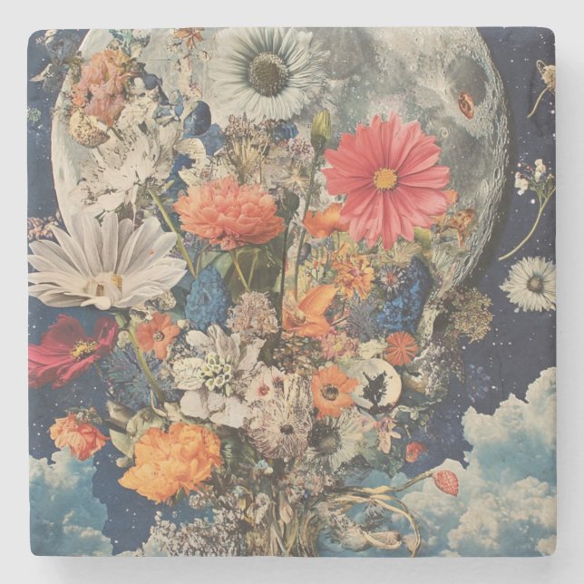 Dessous-de-verre En Pierre Fleurs colorées sous Pleine lune (Devant)