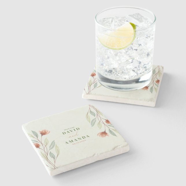 Dessous-de-verre En Pierre Fleurs d'aquarelle vert pastel (Côté)