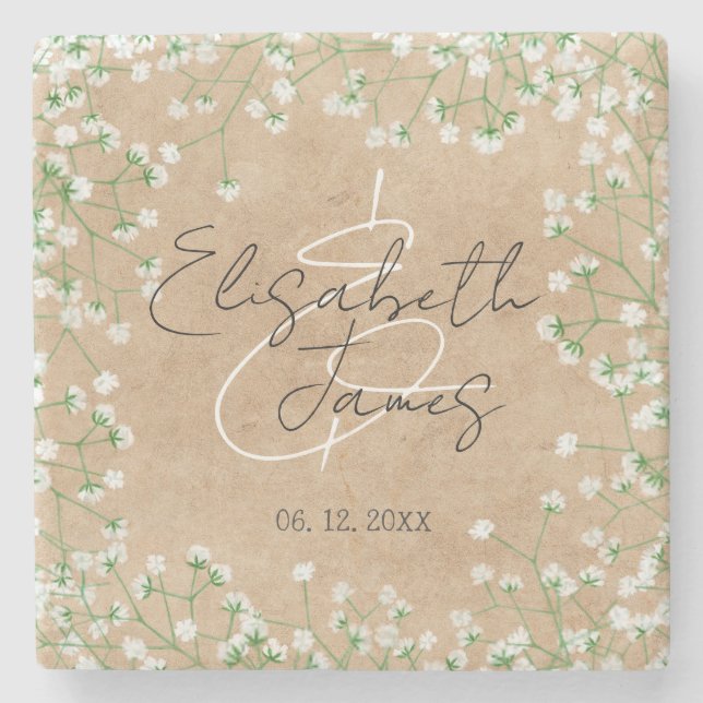Dessous-de-verre En Pierre Fleurs de Baby's Breath Aquarelle Mariage Rustique (Devant)