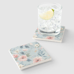 Dessous-de-verre En Pierre Fleurs de jardin aquarelles bleu poussiéreux roses