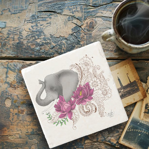 Dessous-de-verre En Pierre Fleurs de lotus henné éléphant