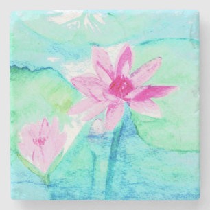 Dessous-de-verre En Pierre Fleurs de lotus rose pastel aquarelle