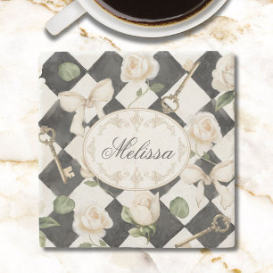Dessous-de-verre En Pierre Fleurs de rose vintage en diamant noir et blanc Mo