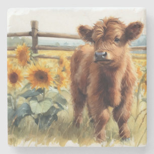 Dessous-de-verre En Pierre Fleurs de soleil d'aquarelle et veau des Highlands
