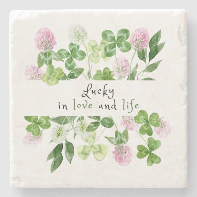 Dessous-de-verre En Pierre Fleurs de trèfle à aquarelle Lucky (Devant)