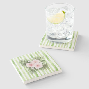 Dessous-de-verre En Pierre Fleurs d'Hibiscus Rose avec Rayures Vertes
