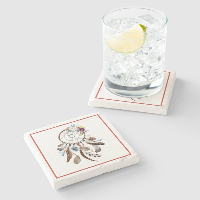 Dessous-de-verre En Pierre Fleurs et plumes tribales Dreamcatcher (Côté)