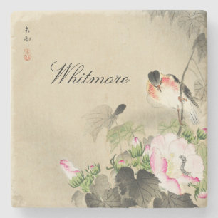 Dessous-de-verre En Pierre Fleurs japonaises d'oiseaux et roses Imprimer Vint