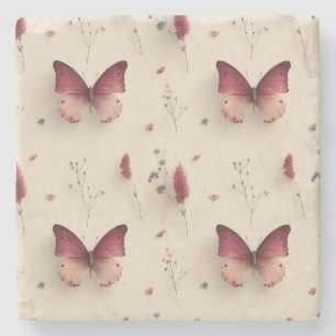 Dessous-de-verre En Pierre Fleurs printanières vintage & papillon rose tendre