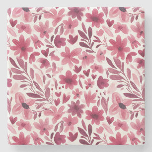 Dessous-de-verre En Pierre Fleurs Roses Rouges Cœurs Féminins Crème