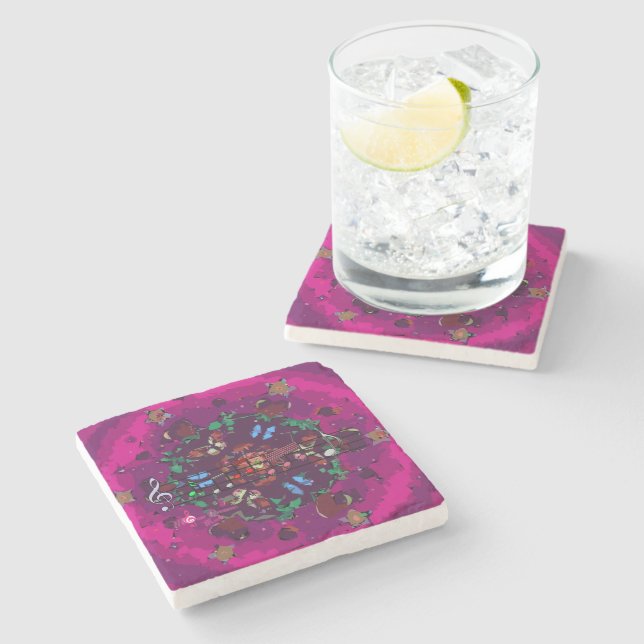 Dessous-de-verre En Pierre Fleurs roses vives et musique Dessous de verre en  (Côté)