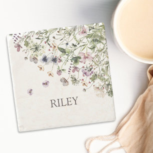 Dessous-de-verre En Pierre Fleurs sauvages violettes aquarelles monogrammées