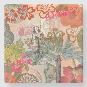 Dessous-de-verre En Pierre Fleurs vintages Hula Colorful Hawaiian Tropical