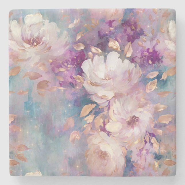 Dessous-de-verre En Pierre Fleurs violettes d'or bleu féminin (Devant)