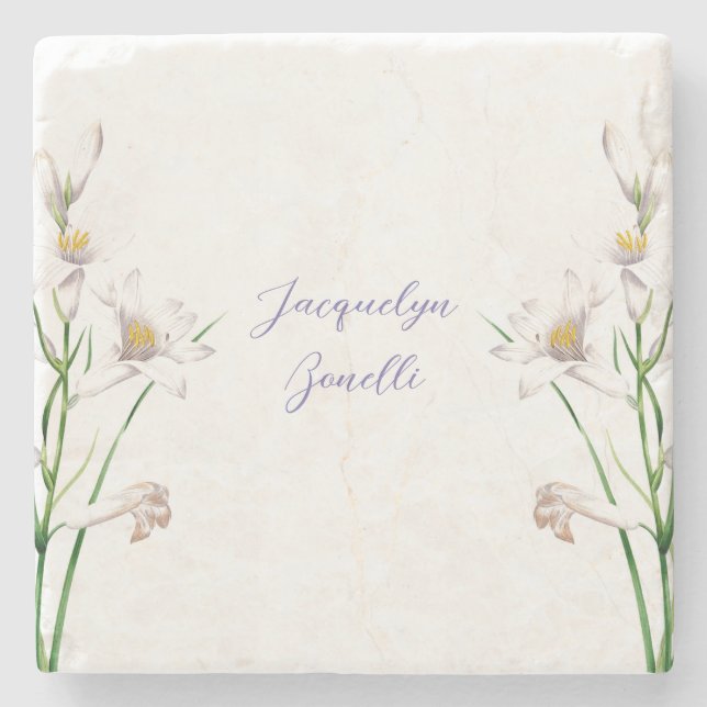 Dessous-de-verre En Pierre Floral Elegant Chic Calligraphie Nom Lithographe (Devant)