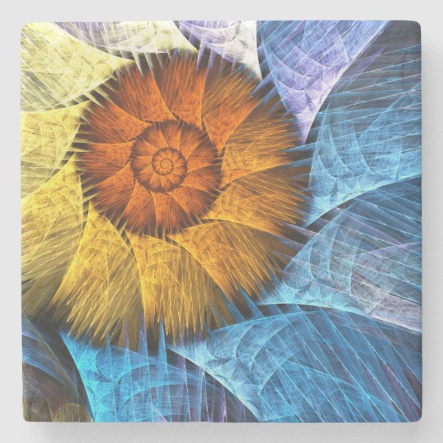 Dessous-de-verre En Pierre Floral Orange Bleu Jaune Art Abstrait (Devant)