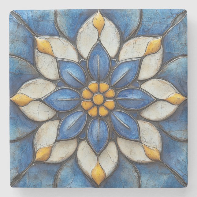 Dessous-de-verre En Pierre Flore Azulejo bleu blanc et jaune (Devant)