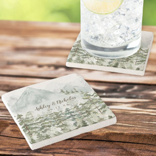 Dessous-de-verre En Pierre Forêt et Montagne Nature Aquarelle