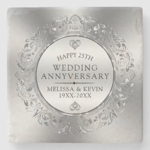 Dessous-de-verre En Pierre Frame en argent brillant floral 25e anniversaire M