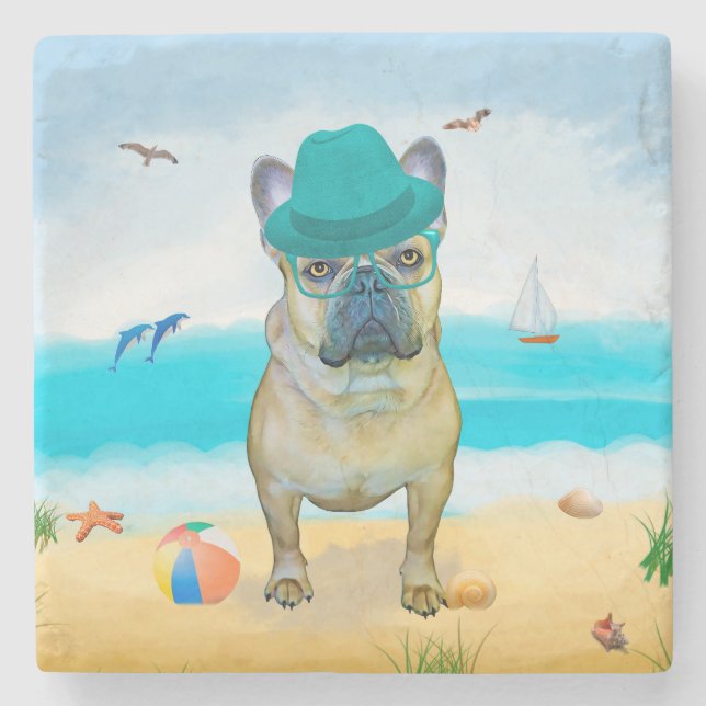 Dessous-de-verre En Pierre French Bulldog sur la plage (Devant)