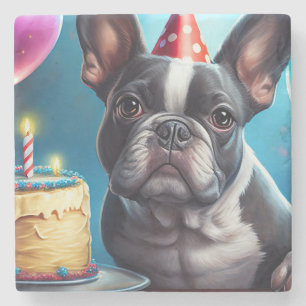 Dessous-de-verre En Pierre Frenchie Birthday Bash : Un mignon Bulldog françai