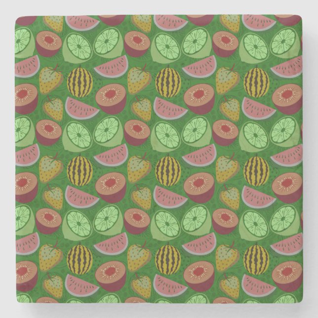 Dessous-de-verre En Pierre Fruits tropicaux motifs et vert arrière - plan (Devant)