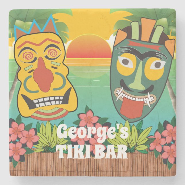 Dessous-de-verre En Pierre Funny Tiki Visages et coucher de soleil tropical (Devant)
