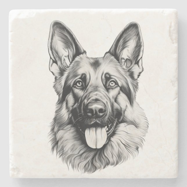 Dessous-de-verre En Pierre German Shepherd Sketch Stone Coaster | B&W (Devant)