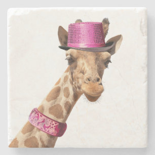 Dessous-de-verre En Pierre Giraffe en casquette rose étincelant