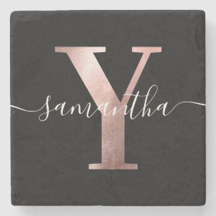 Dessous-de-verre En Pierre Girls Faux Rose Gold Foil Monogramme blanc et noir