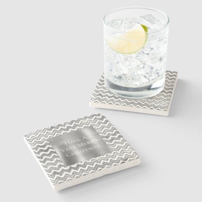 Dessous-de-verre En Pierre Glam Silver White Zigzag Stripes (Côté)