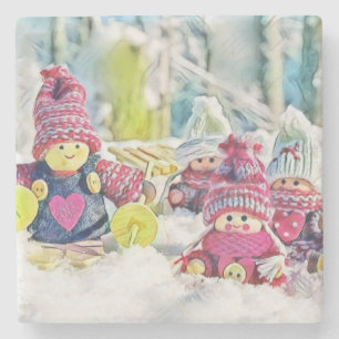 Dessous-de-verre En Pierre Gnomes dans la neige aquarelle peinture vintage