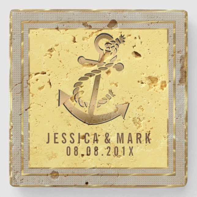 Dessous-de-verre En Pierre Gold Ancre nautique Gold Frame (Devant)