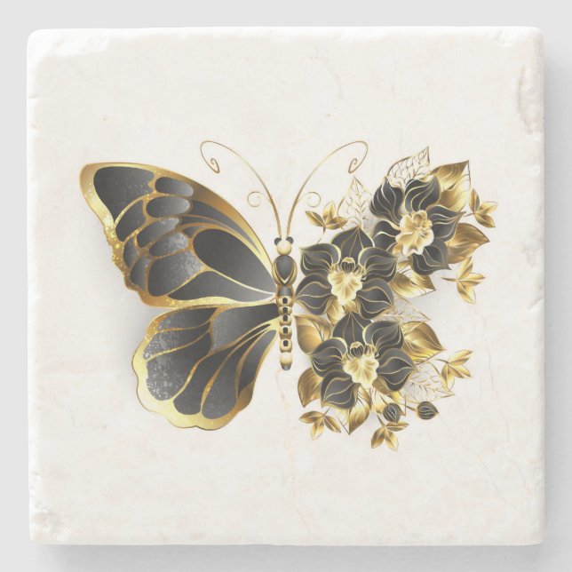 Dessous-de-verre En Pierre Gold flower Butterfly with Black Orchid (Devant)