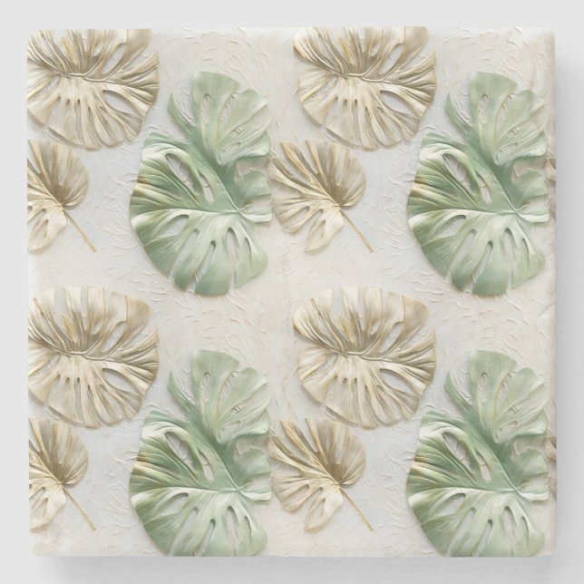 Dessous-de-verre En Pierre Gold Green White Feuilles tropicaux (Devant)
