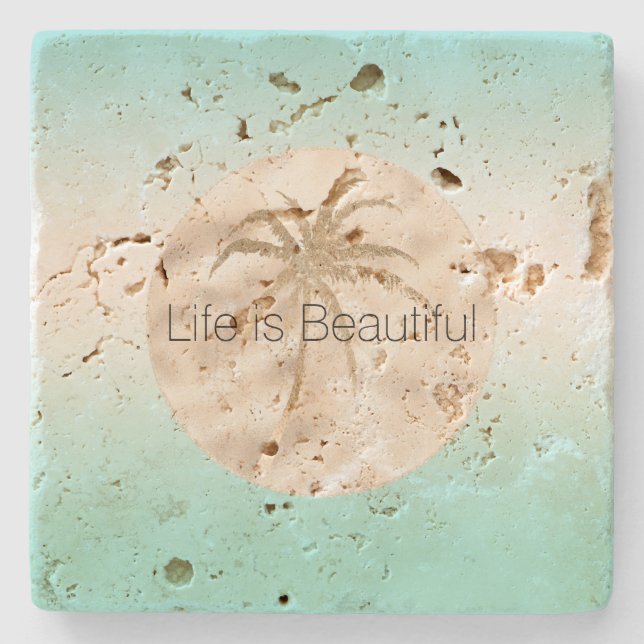 Dessous-de-verre En Pierre Gold Tropical Palm Tree Mint Aqua Ombre (Devant)