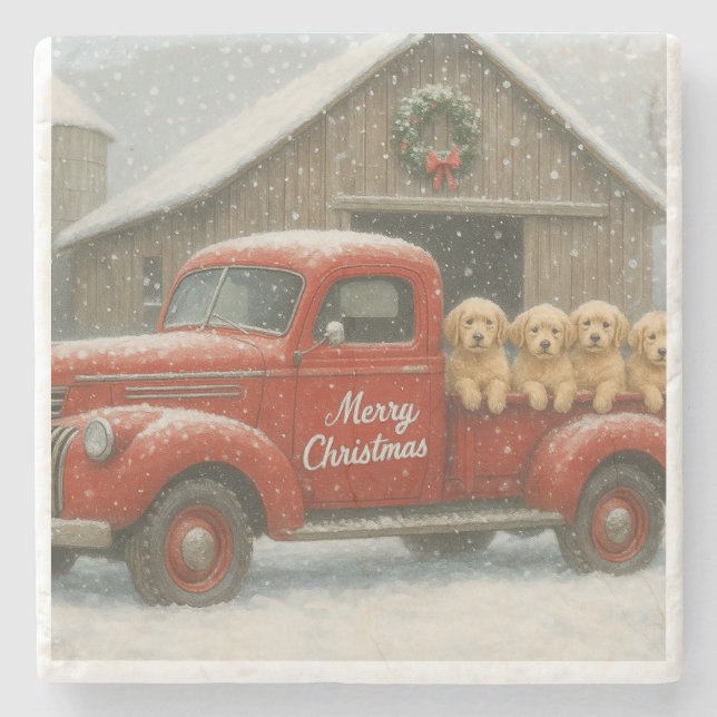 Dessous-de-verre En Pierre Golden Retriever Christmas Puppies in Old Truck (Devant)